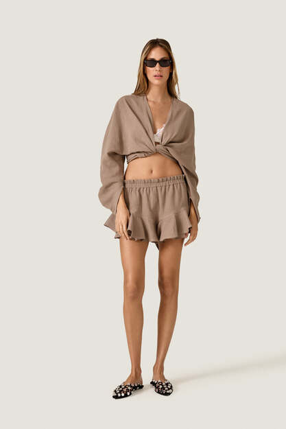 Taupe Beige Cotton Wrap Linen Blouse