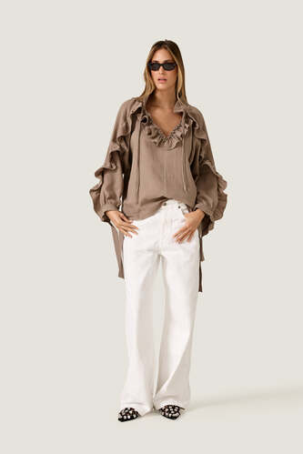 Taupe Beige Ruffle Blouse with Voluminous Sleeves - PNK Casual