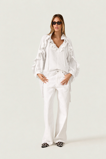 White Ruffle Blouse with Voluminous Sleeves